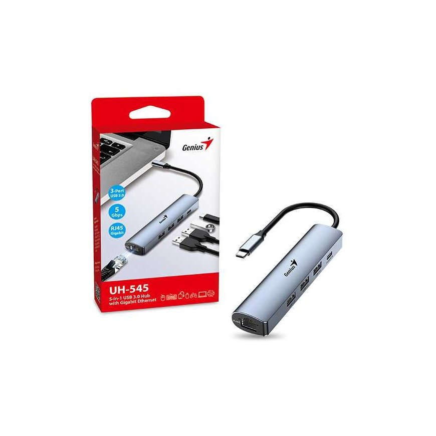 USB (3.0) hub 4-port, UH-545, gray, Genius, 3x USB 3.0, 1x RJ45 – 5