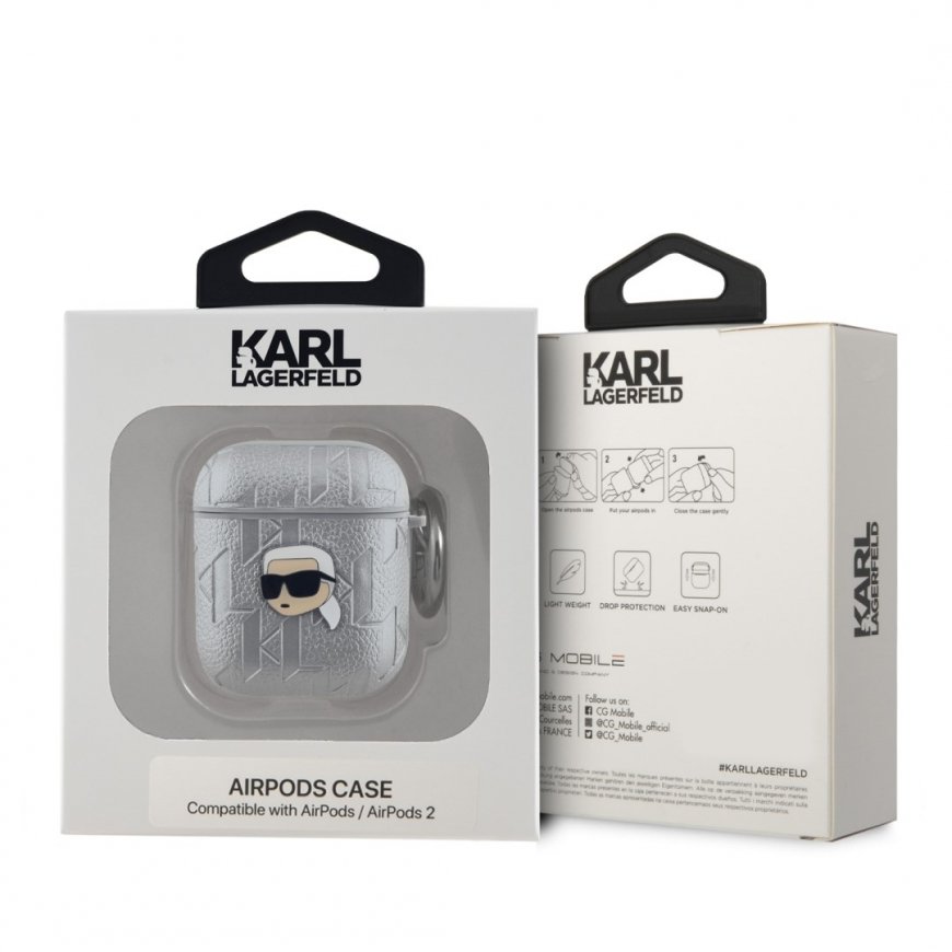 Karl Lagerfeld PU Embossed Karl Head Case for AirPods 1|2 Silver – 2