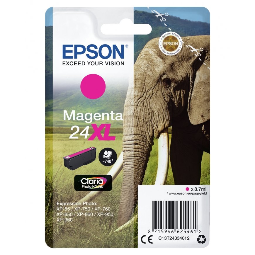 Epson Elephant Singlepack Magenta 24XL Claria Photo HD Ink – 3