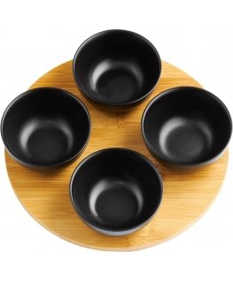 Komplet 4 salaterek na podstave bambusowej Natural round black AMBITION