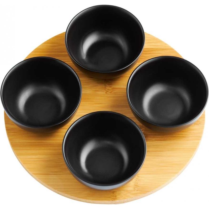 Komplet 4 salaterek na podstave bambusowej Natural round black AMBITION