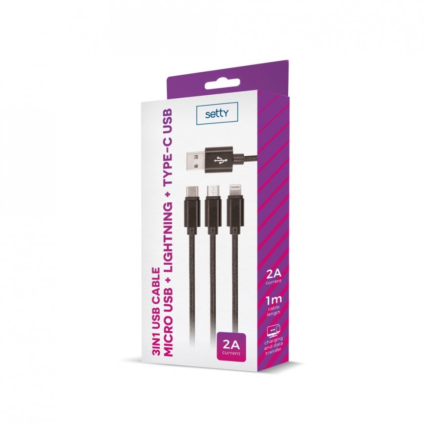 Setty 3in1 cable USB - Lightning + USB-C + microUSB 1,0 m 2A bla – 2