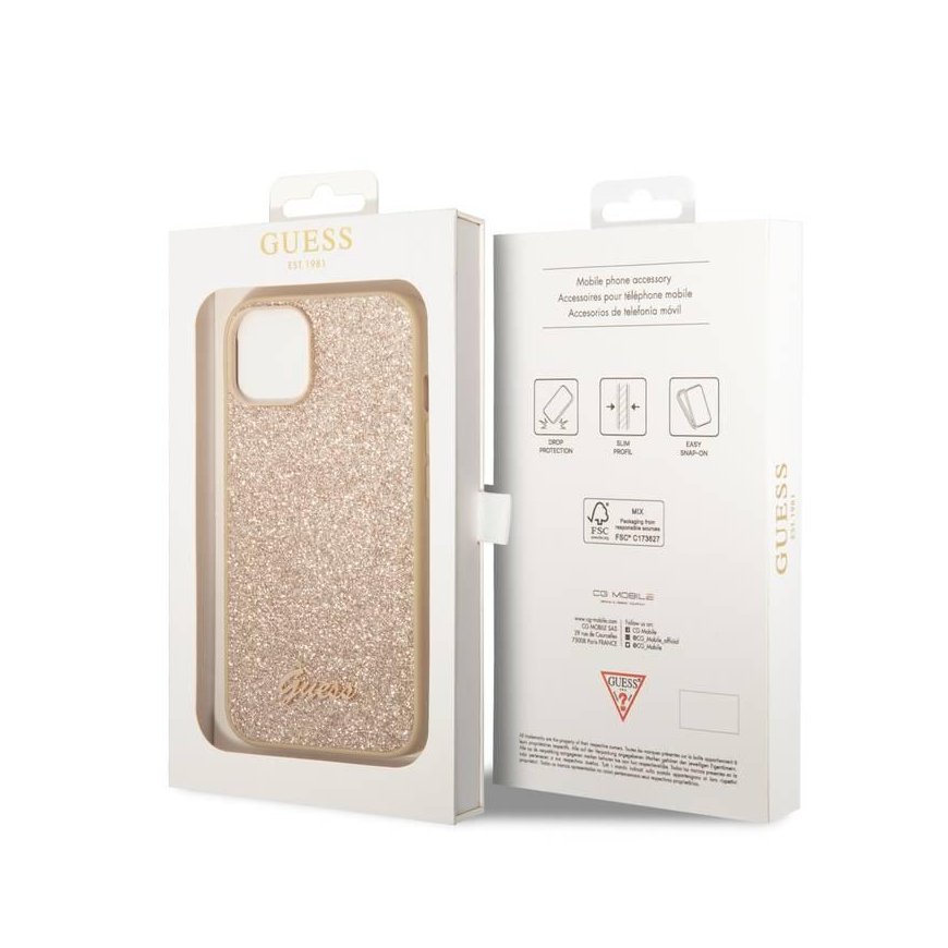 Guess PC|TPU Glitter Flakes Metal Logo Case for iPhone 14 Gold