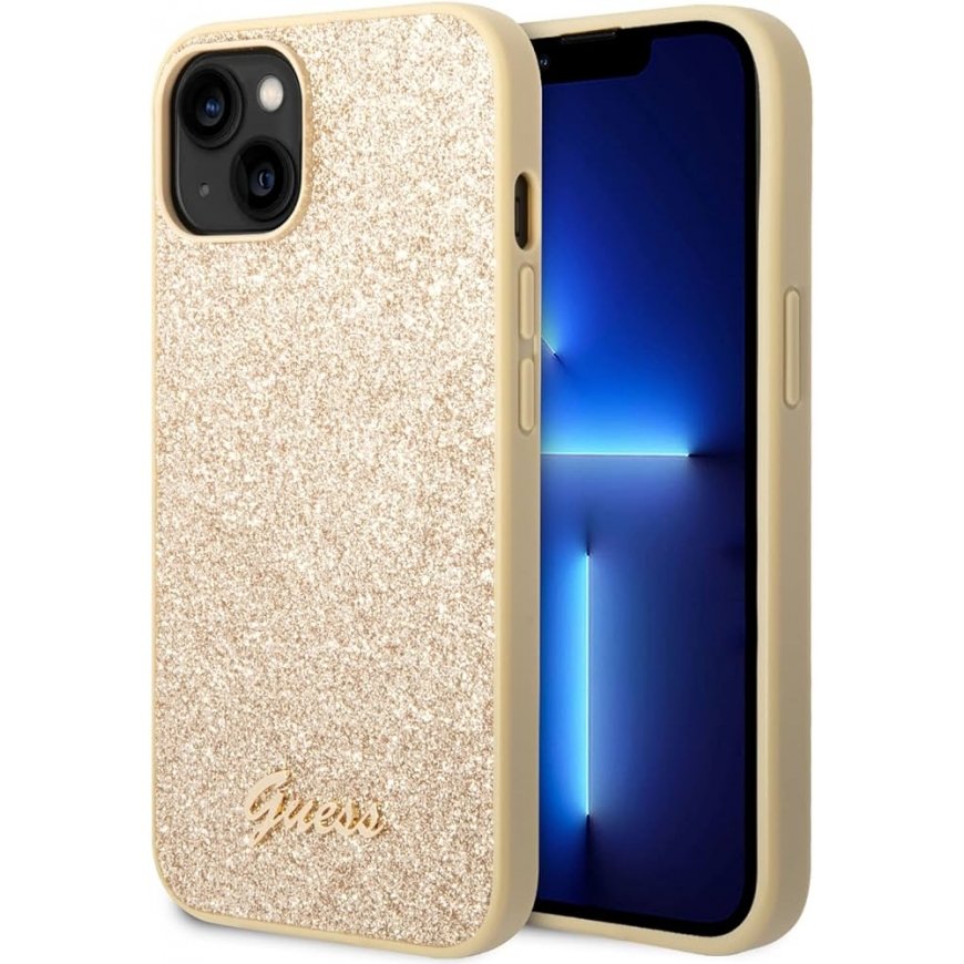 Guess PC|TPU Glitter Flakes Metal Logo Case for iPhone 14 Gold – 2