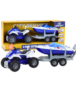 Lean Toys Police Quad with a trailer for transporting a boat and a motorboat