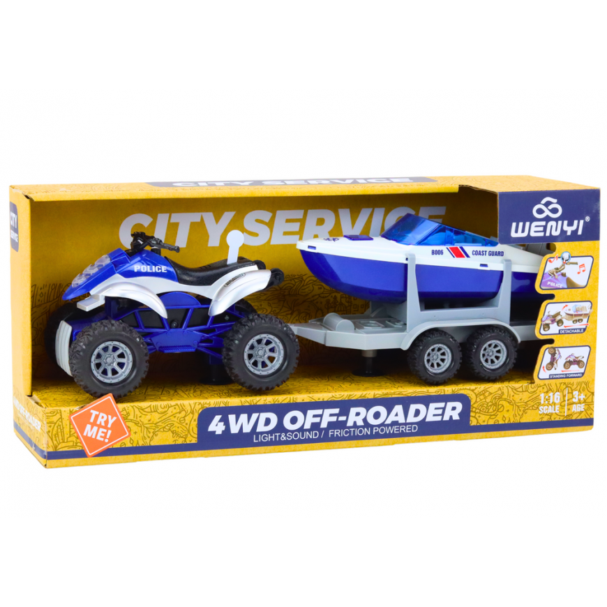 Lean Toys Police Quad with a trailer for transporting a boat and a motorboat – 5