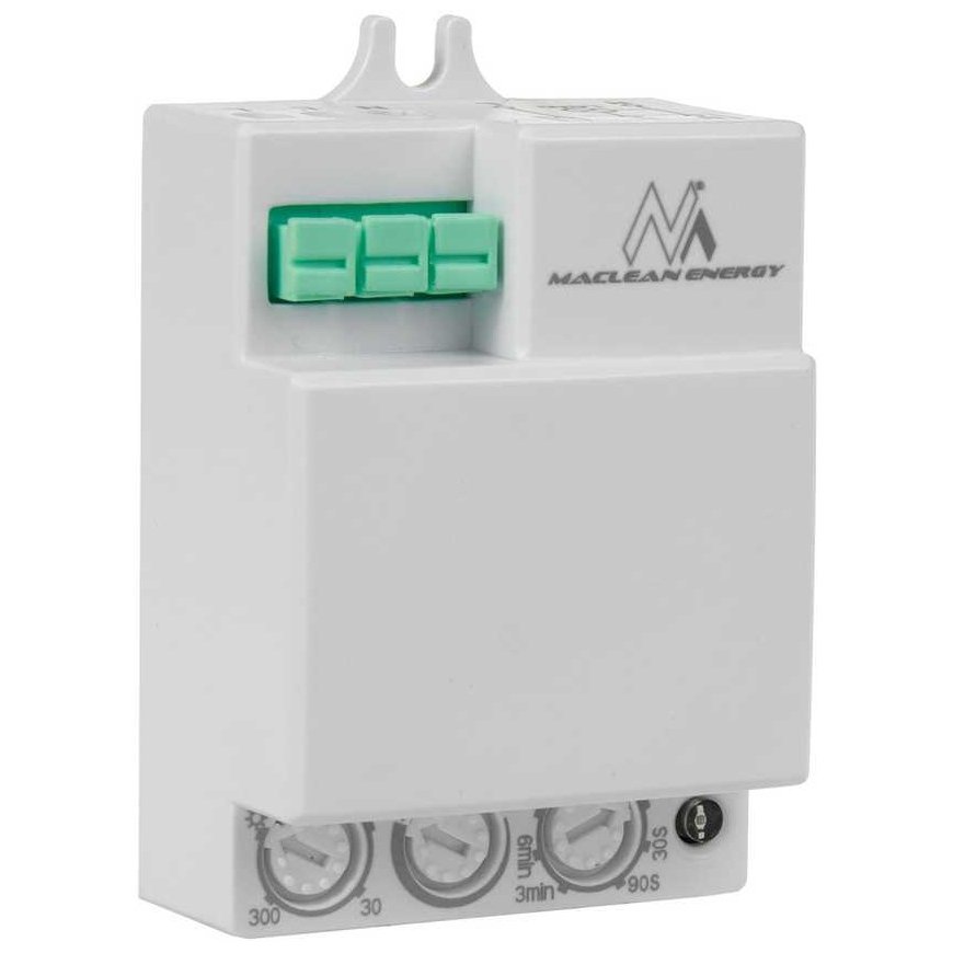 Maclean MCE316 mikrobangų judesio jutiklis, siūlantis 8 m diapazoną ir maksimalią 1200 W apkrovą. Įvertintas IP20, jis veikia 5, – 4