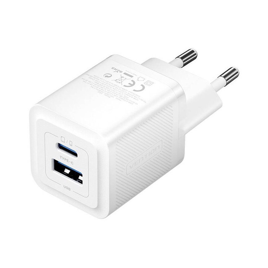 Wall charger, Vention, FEQW0-EU, USB-C + USB-A, 30W/30W, GaN (white)