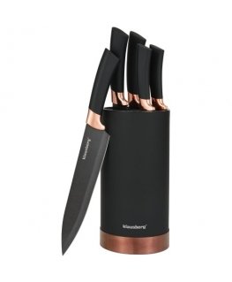 A set of kitchen knives in an acrylic stand.