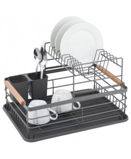Two-Tier Dish Drying Rack, Steel-Plastic-Wood, Gray - KINGHoff