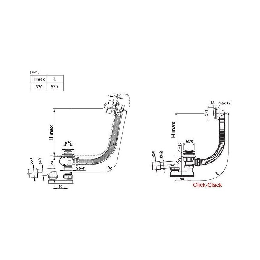Vonios sifonas Ravak, 570 mm, juodas, su Click-Clack mechanizmu – 2