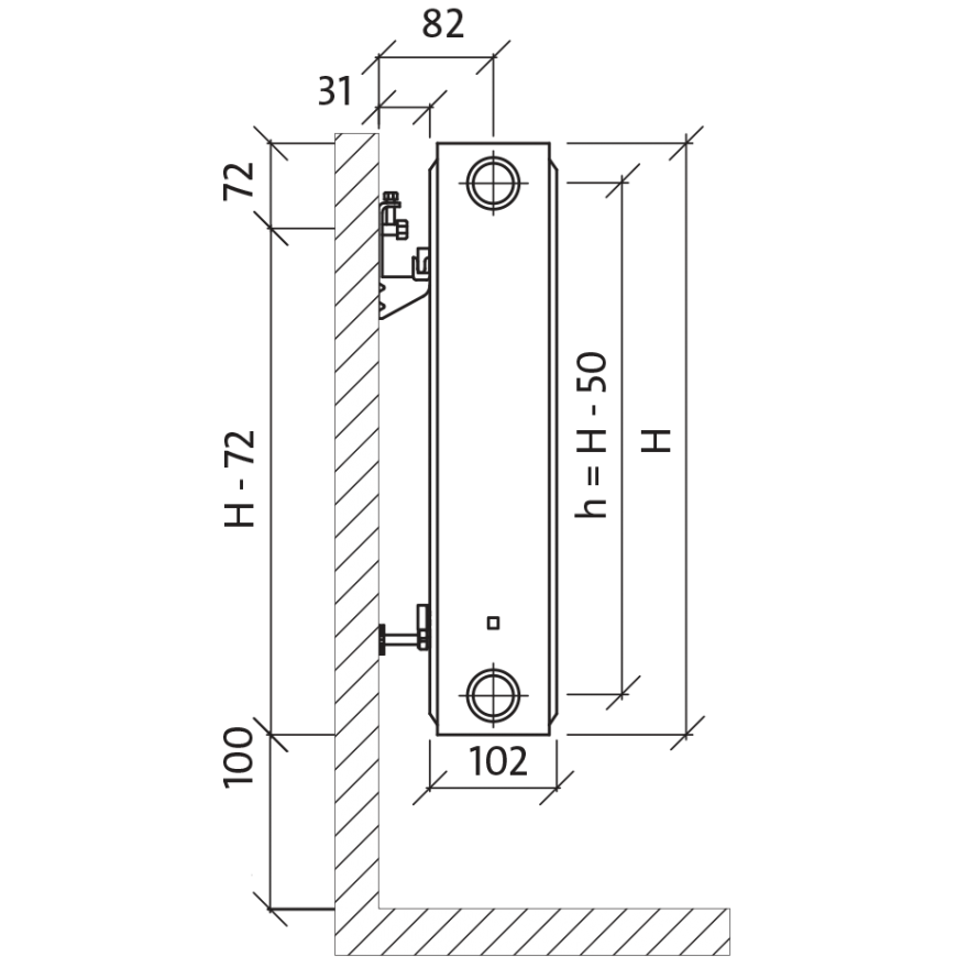 Bottom connection radiator Purmo CV 22, 300-1400 – 3