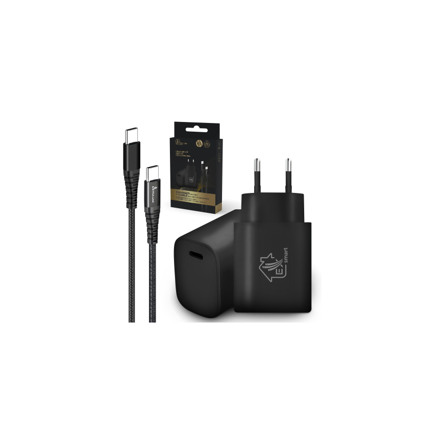 Extralink Smart Life | Set USB Type-C to Type-C, 200cm, Black + Charger 18W PD3.0 | Black