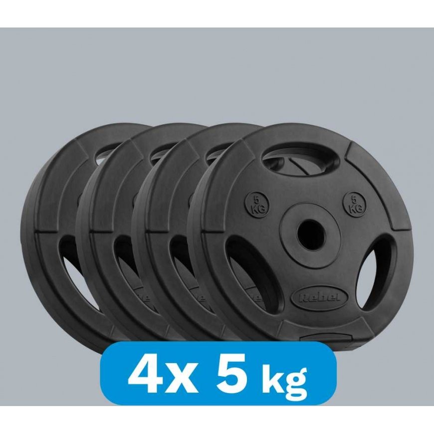 Bituminių svarelių rinkinys 4x5kg, skylė 31mm, plokštė su rankenomis, REBEL ACTIVE – 5