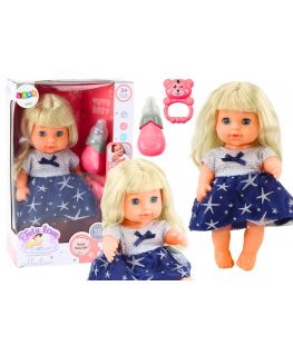 Lean Toys Doll In Navy Mėlyna Dress Peeing Bottle Rattle Sounds