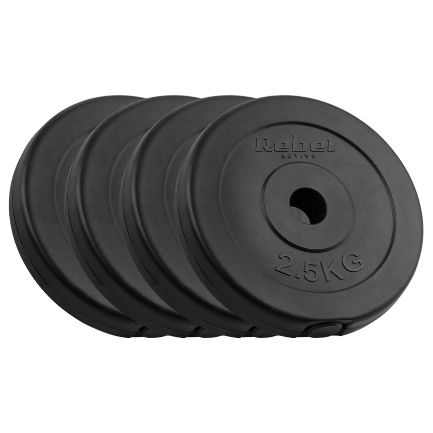 Bituminių svarelių rinkinys 4x2,5kg, skylė 31mm, klasikinė plokštė, REBEL ACTIVE