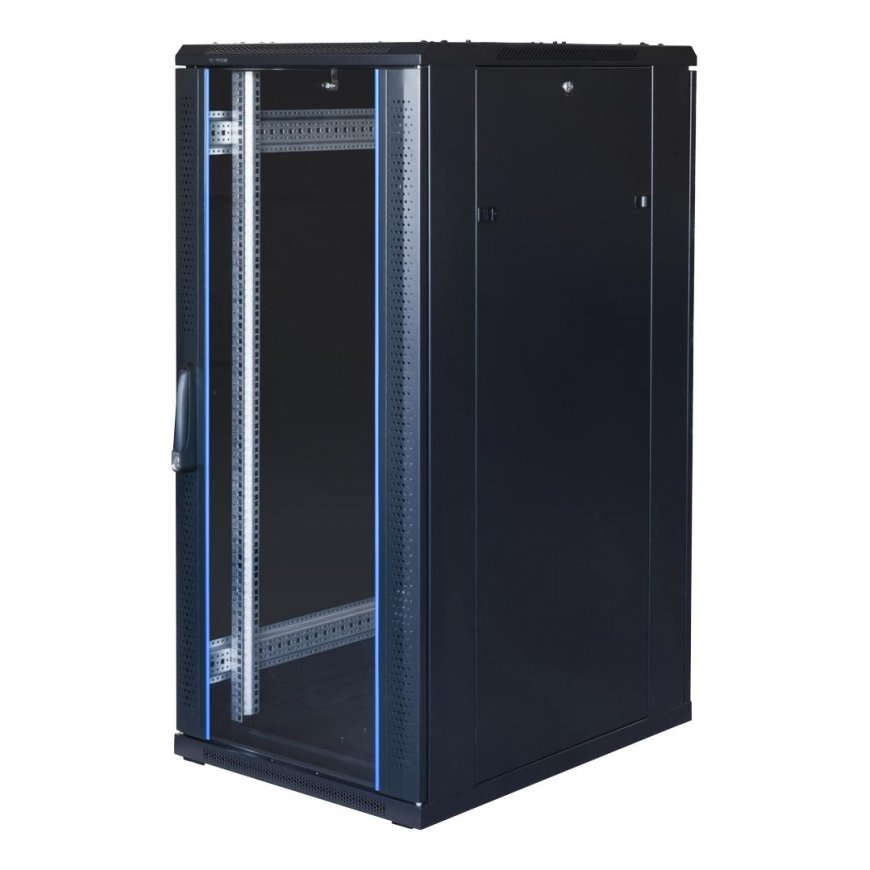 19" Switching cabinet TOTEN, System G, 27U, 600x800, glass door, rear perforated door, up to 800kg, black / G6.6827.9801 / 19-G6