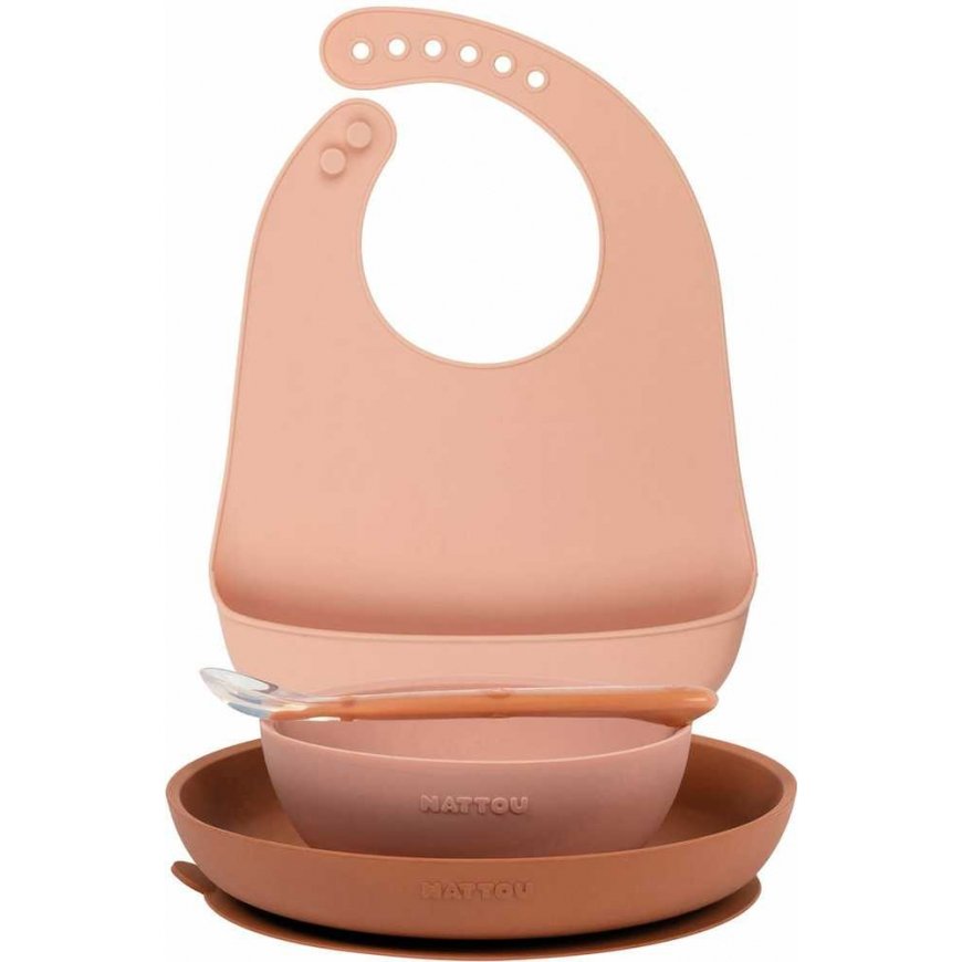 Nattou silicone dishes for children, 4in1 set with bib | Pink