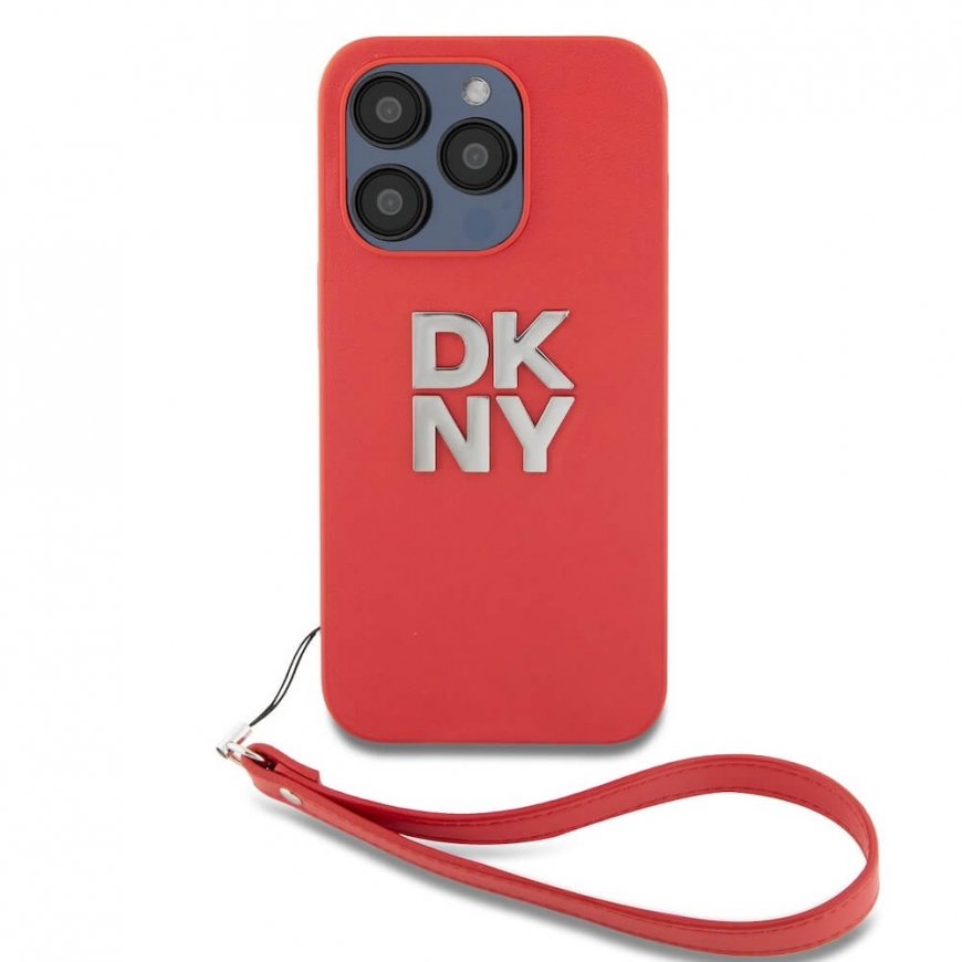 DKNY PU Leather Stack Logo Wrist Strap Case for iPhone 15 Pro Ma