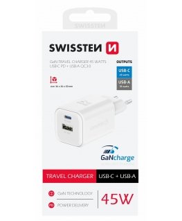 Swissten Travel Charger GaN 2x USB-C / PD USB-A / 18W QC / 65W
