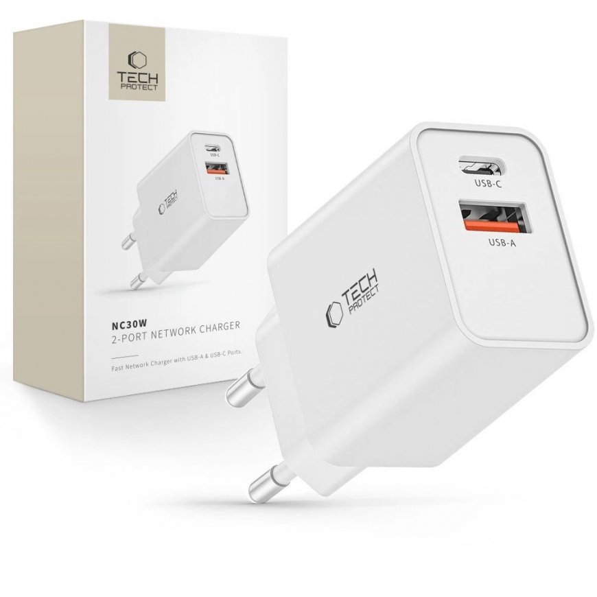 Tech-Protect NC30W USB-C PD 30W | USB-A QC 3.0 network charger -