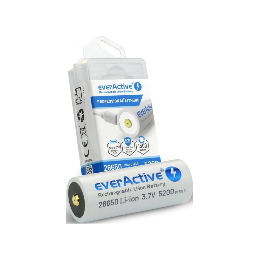 Rechargeble battery 26650 3,7V Li-ion 5200 mAh micro USB