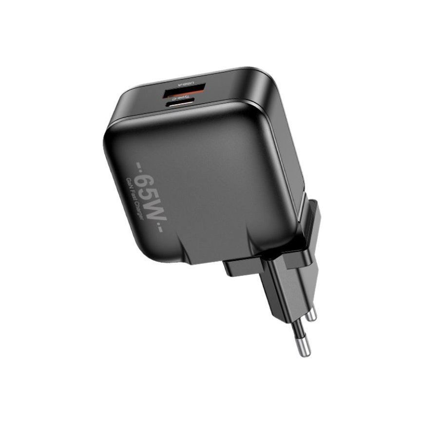 AWEI ład. siec. PD55-EU 65W USB + USB-C czarna|black GaN – 2