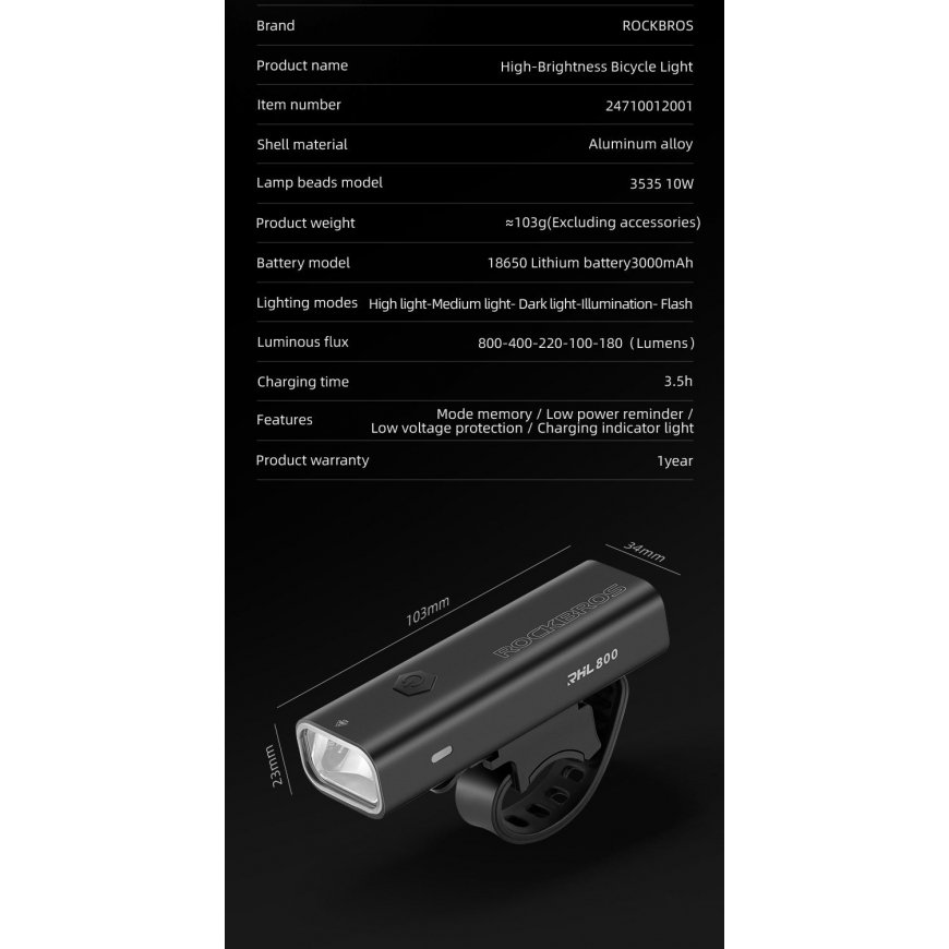 Rockbros 24710012001 front bicycle light 800