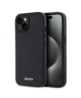 DKNY PU Leather Silver Metal Logo Magsafe Case for iPhone 15 Bla