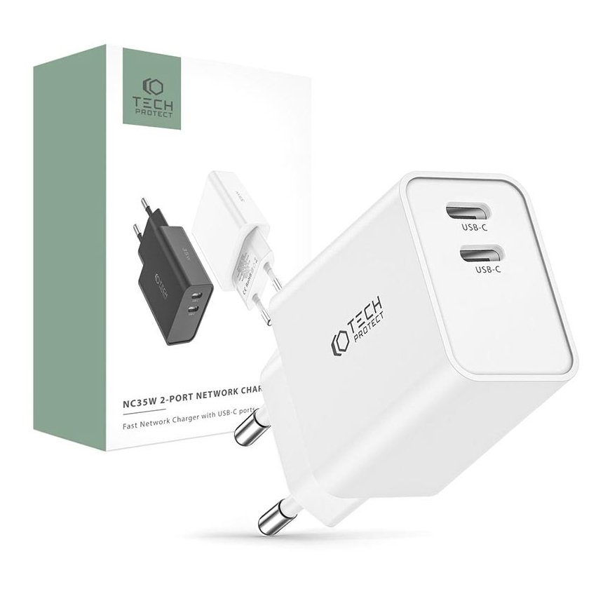 Tech-Protect C35W mains charger 2x USB-C PD 35W - white