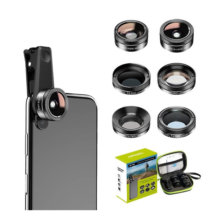 Mobile lens kit APEXEL APL-DG6V2 6 in 1 universal (black)