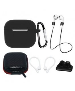 AirPods 3 Silicone Case Set + Case/Ear Hook/Neck Strap/Watch Strap Holder/Carabiner Clasp - black