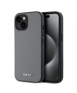 - DKNY PU Leather Silver Metal Logo Magsafe Case for iPhone 13 Grey