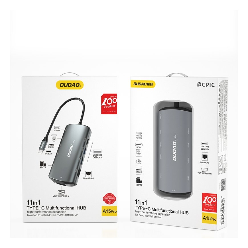 DUDAO A15PRO dokstacija Vadu USB 3.2 Gen 1 (3.1 Gen 1) Type-A + Type-C Pelēks – 5