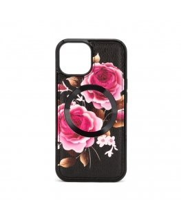 Apple iPhone 15 Leather Case Zipper Design Flower Black