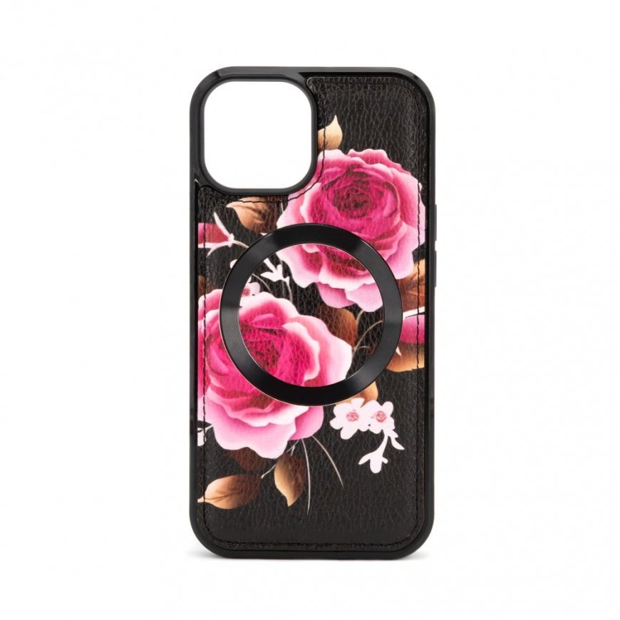 Apple iPhone 15 Leather Case Zipper Design Flower Black
