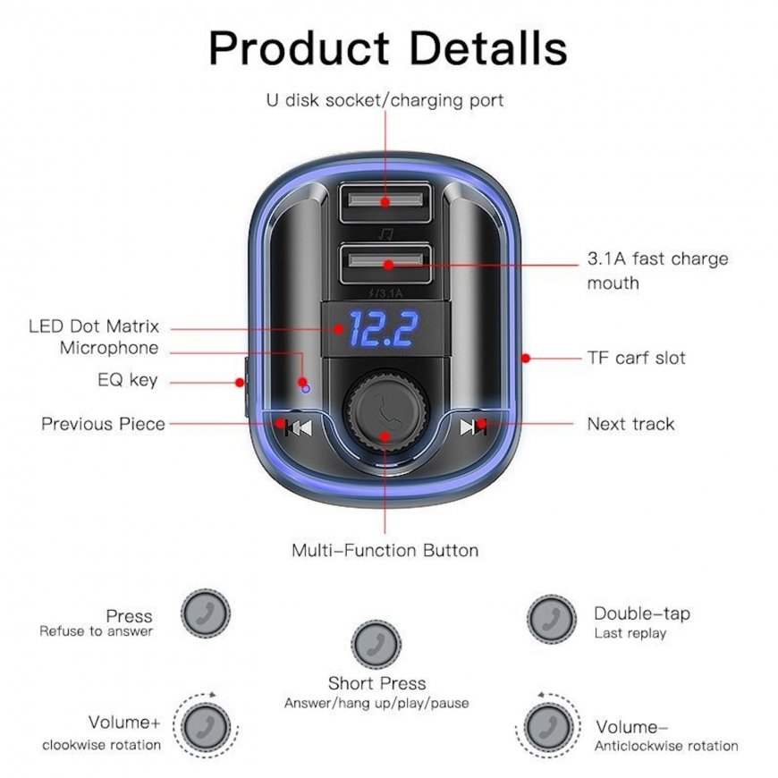 Yesido Y44 FM Модулятор / MP3 Передатчик и Авто ЗУ 2x USB 3.1A + – 5