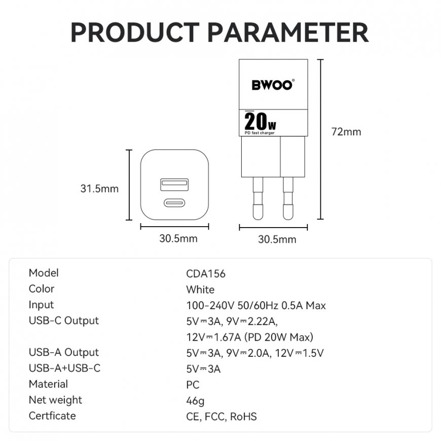 BWOO 20W mini wall charger CDA156 USB-C, USB-A – 2