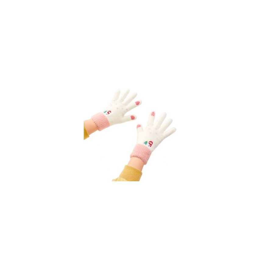 Women's winter telephone gloves with a snowman and a Christmas tree - white and pink