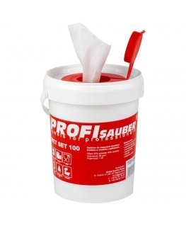 Cloths in a soaking bucket with a ProfiSauber WET SET 100 dispenser