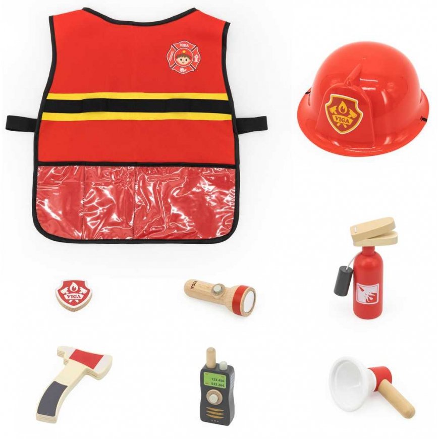 Viga Toys Mažo ugniagesio rinkinys Liemenė + Mediniai priedai, 8 vnt. – 4