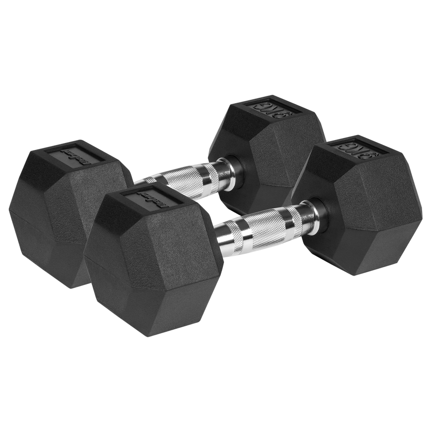 Rubberized cast iron dumbbells HEX 2x9kg, REBEL ACTIVE