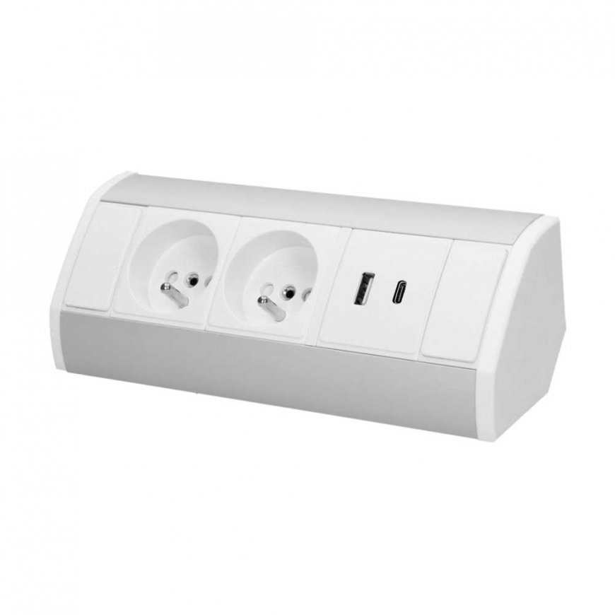 Orno Baldų lizdas 2x2P+Z, 2xUSB (tipas A+C 2.4A), balta ir sidabrinė