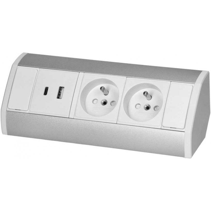 Orno Furniture socket 2x2P+Z, 2xUSB (type A+C 2.4A), white and silver – 2