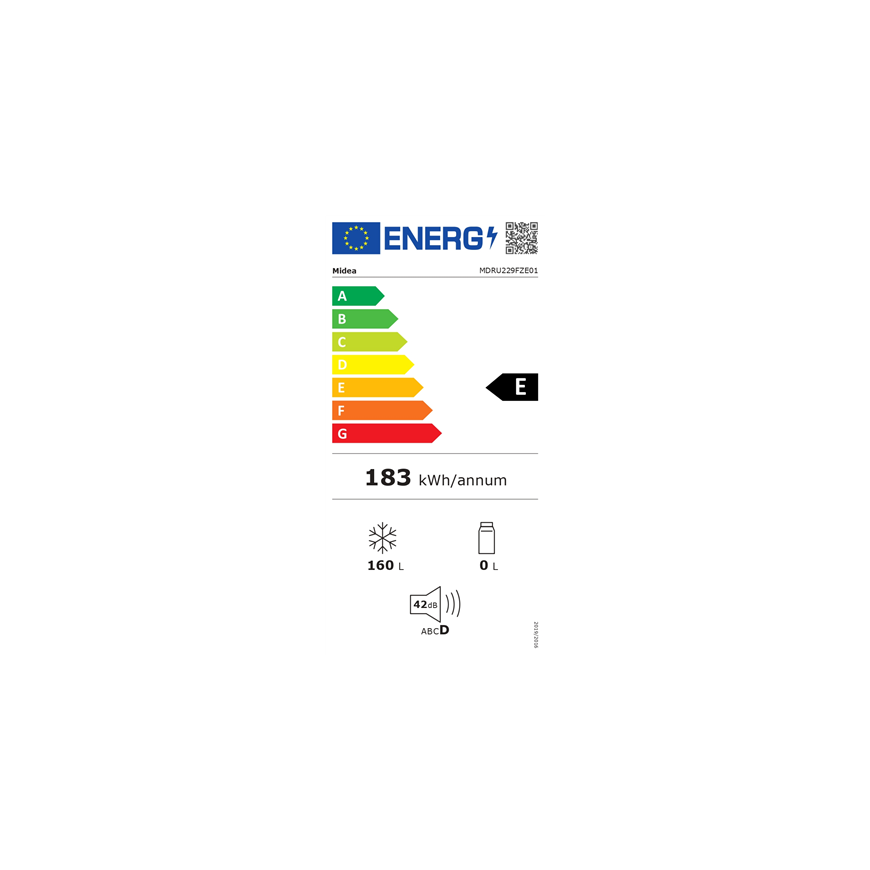 Midea Freezer | MDRU229FZE01 | Energy efficiency class E | Upright | Free standing | Height 142 cm Total net capacity 160 L | Wh – 3