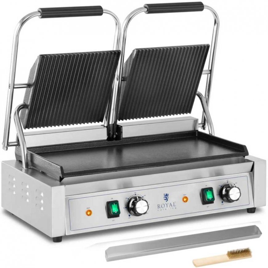 Royal Catering Dvigubo kontakto grotelės su lygia ir griovelio plokšte 48 x 23 cm 3600 W