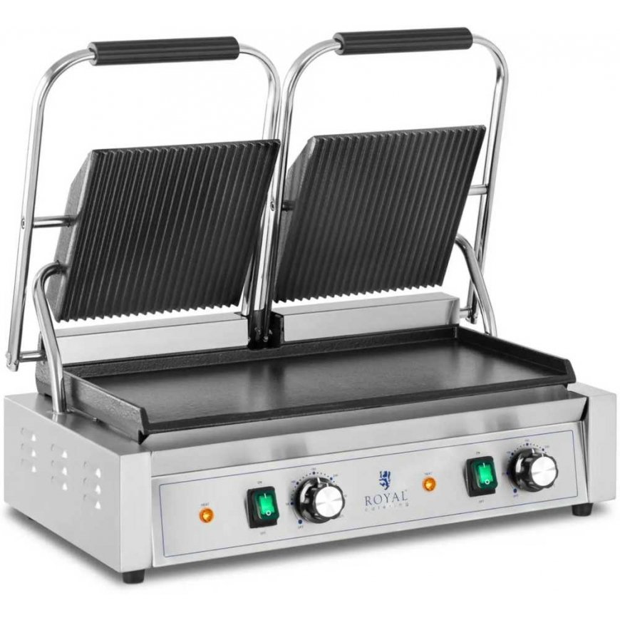 Royal Catering Dvigubo kontakto grotelės su lygia ir griovelio plokšte 48 x 23 cm 3600 W – 2