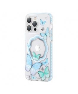 Kingxbar Butterfly Series magnetic case for iPhone 14 Pro Max MagSafe case with butterflies blue