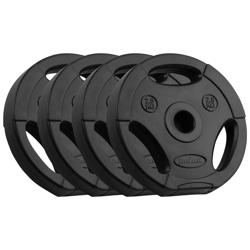 Bituminių svarelių rinkinys 4x2.5kg, skylė 31mm, plokštė su rankenomis, REBEL ACTIVE