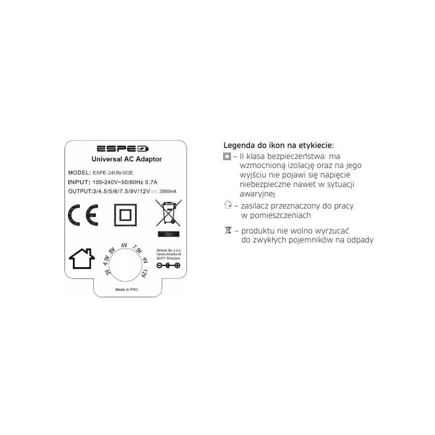 CHARGER WTYCZKOWY 3-12V 2A 1m. 3V 4.5V 5V 6V 7.5V 9V 12VDC REGULOWANY ESPE – 2